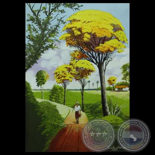 RANCHO CAMPESINO Y LAPACHO AMARILLO - Óleo de RUFINO CARDOZO